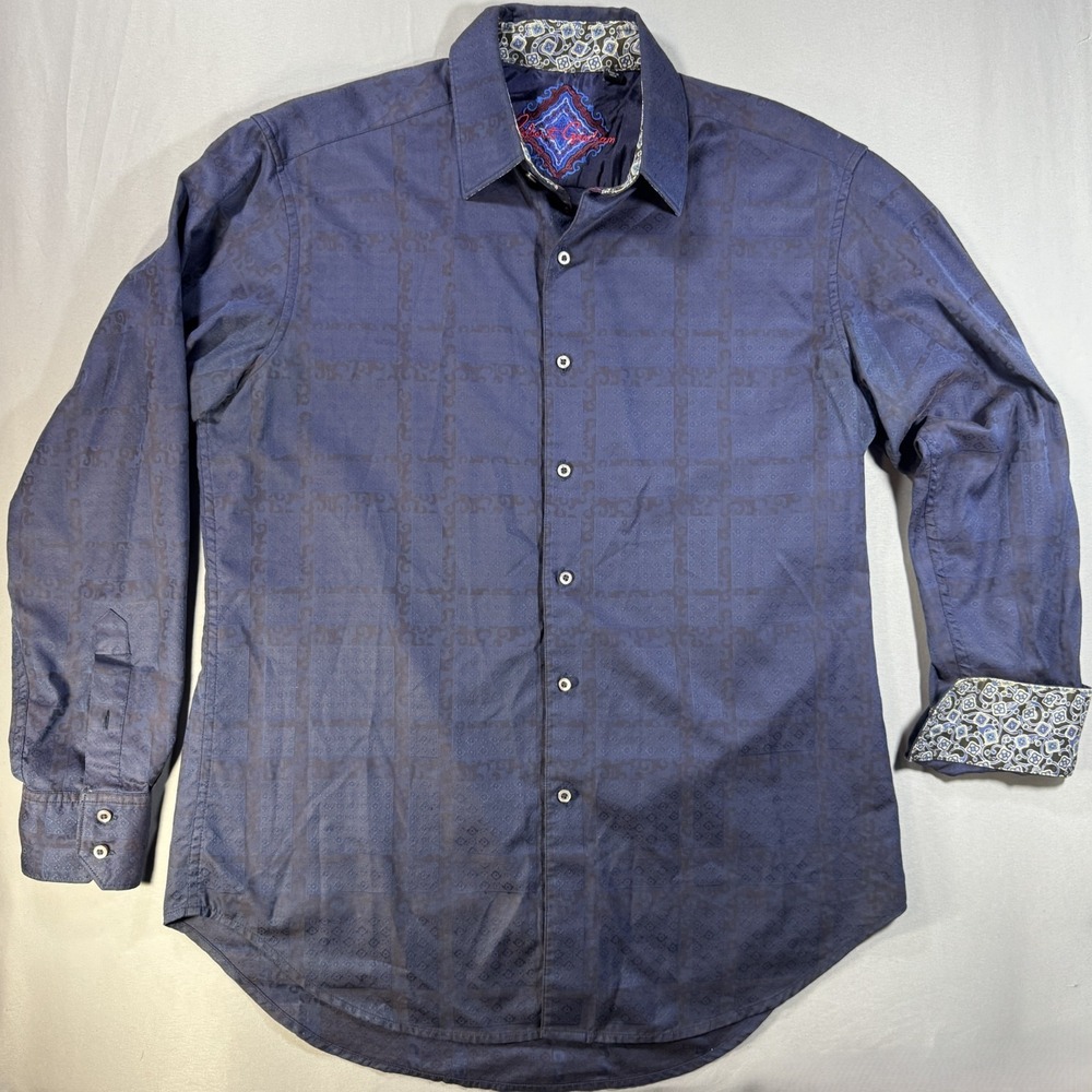 Robert Graham Mens Medium Navy Jacquard Damask Long Sleeve Button Down Shirt